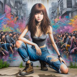 teenage girl, long brown hair and bangs, wearing tight skinny jeans and a halter top paint marks on her clothing, heroic pose Asian graffiti background, nearing on one knee