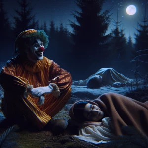 Generate an image of two clowns laughing at the lifeless body of...