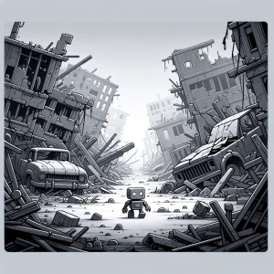 A vast, abandoned cityscape. Crumbling buildings fill the enviro...