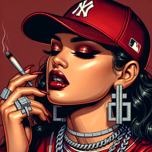 light skin Latina  American woman head down wearing red NY baseb...