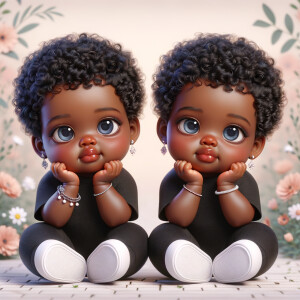 Imagine a pair of adorable, 3D animated african-American, infant twins with radiant blue eyes and curly black hair, posed with their chubby cheeks resting in their hands. They're dressed in simple yet stylish black onesies. Delicate jewelry adorns their wrists. They're seated comfortably with white sneakers on their feet. The background is a soft pastel floral pattern, creating an atmosphere of innocence and charm, without any text present in the image.