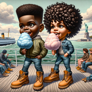 Grisaille Painting: Riding on the ferry landscape. Create a boy...