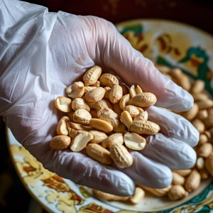 a close-up of a hand wearing a white disposable glove holding a handful of roasted or fried peanuts. The peanuts vary in size and color, with some appearing more golden-brown than others. Some peanuts are whole, while others are split in half, revealing their inner texture. The background includes a plate with more peanuts scattered on it, which has a floral design with yellow and white colors. The lighting suggests the use of a camera flash, as there are visible reflections on the glove and peanuts. This setup indicates a hygienic handling process, possibly for food packaging or preparation.