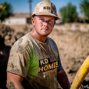 Brian Nobles a real 28 year old Caucasian male who is using  a concrete mixer, he is a  pump operator holding the hose which carries the liquid concrete to the foundation pour, Brian is slowly  beginning his transition into adult maturity , Brian Nobles is beginning to look like a grown man, he has large reflective blue eyes and a wrinkled brow,Brian is now balding , prominent large protruding round fat obese belly,,thick greying goatee beard, healthy muscle mass ,very noticeable male pattern balding hairline, Brian Nobles now has a  prominent receding and thinning male hairline (onset male pattern baldness), slightly fat overweight(Caucasian)wearing tight body conforming  glossy satin shiny green and gold tight fitting body conforming UnderArmour athletic bodysuit,emblazoned with the "KD HOMES" real estate logo, standing confidently in front of a newly completed constructed new KD HOME in Victorville California in a raw desert landscape. Brian has a protruding fat obese muscular physique, large male bulge, fat obese muscular frame , shows a substantial frame with a noticeable mature hairline and expressive eyes. His workman’s  pose should reflect his experience in his trade.