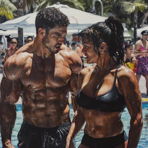 Realism  painting,a muscular beefy sweaty man  walking with his...