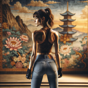 Athletic Thin skinny Attractive, Asian teenage girl, long brown hair and bangs, wearing tight skinny jeans and a halter top paint marks on her clothing, heroic pose Asian graffiti background, backside view