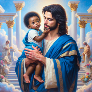 Classical oil painting style depicting an African-American Jesus...