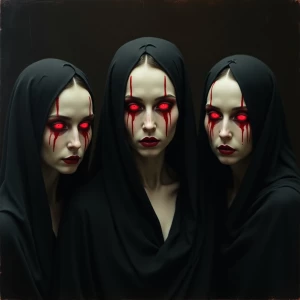 Three ghostly women, red eyes, red tears, pale skin, dark backgr...