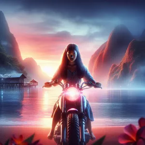 Create an image of the character Moana riding a motorcycle with...