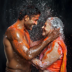 A muscular Indian man, glistening with sweat, joyously engages i...