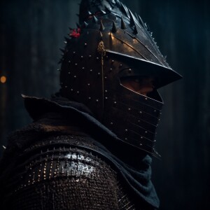 Create a pixel art image of a medieval knight wearing a dark, wo...