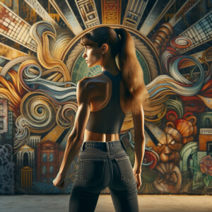 Athletic Thin skinny Attractive, Asian teenage girl, long brown hair and bangs, wearing tight skinny jeans and a halter top paint marks on her clothing, heroic pose Asian graffiti background, backside view