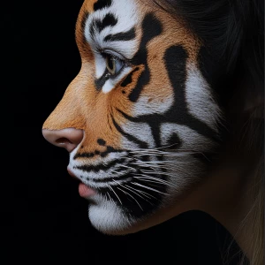 A woman's face transforming into a tiger's snout