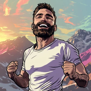 White muscular thin man with beard, big chin, smile and cheekbon...