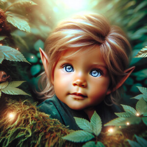 An elven baby with dark brown skin, blue eyes, and light blonde...