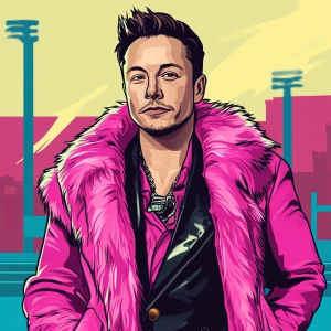 Elon Musk in GTA art style — Pink fur coat — in the style of a G...