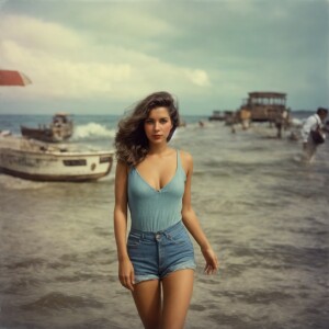 Create a realistic color snapshot from 1972 of a beautiful, brun...