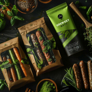 Create a visually appealing packaging concept for vegan sausages...
