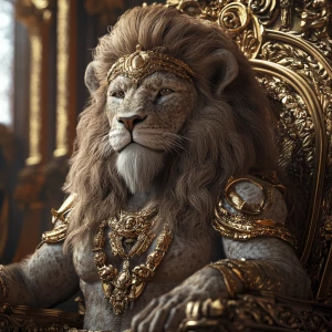 Create a photorealistic 3D image of a majestic man-lion hybrid, featuring an expansive mane and exceptionally well-defined, oversized muscles. Adorn this regal creature with intricate jewelry and gold embellishments, and depict it seated on a throne. Aim for 8K UHD resolution, extreme professional detail, and a composition that is both visually stunning and captivating.