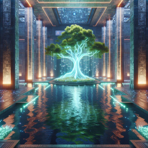 a large glowing tree is surrounded by water, located inside the...