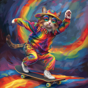 A cat skateboarding in a vibrant hippie costume adorned with rai...