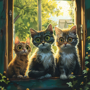 A cartoon of three mischievous cats sitting on a ledge, looking...