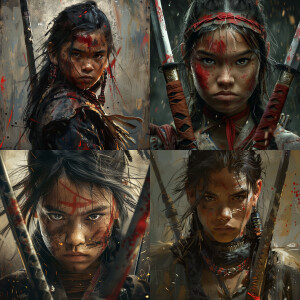 A young Native American girl, disguised as a ronin, battle weary...