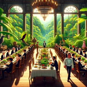 Create a video depicting a formal dinner party inside a luxuriou...
