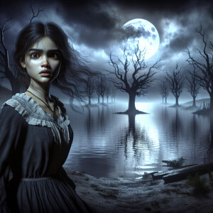 A girl stands in horror near a terrible lake