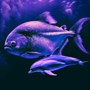 Purple piranha not showing his teeth swimming with a blue dolphi...
