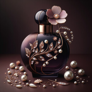 Create an image of a sophisticated perfume bottle that is designed to resemble the silhouette of a woman's figure. The glass of the bottle should be a deep, dark purple, evoking a sense of mystery and luxury. Adorning this unique bottle, there should be a pattern of a single, intricate white and soft pink flower, with a string of pearls that gracefully follows the curves of the bottle's form. The neck of the bottle, slim and elegant, is encircled by a band of gold inlaid with tiny sparkling diamonds, leading up to a large, lustrous pearl that serves as the bottle's cap. Include additional details such as scattered pearls, a petal, and a golden twig with a single pearl on the maroon surface around the bottle, all of which reinforce the sophisticated and luxurious theme. The perfume bottle is a signature piece for a person named Karen, reflecting her refined and elegant taste.