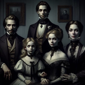 Create a Gothic-style Victorian family portrait featuring charac...