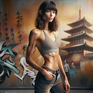 Athletic Thin skinny Attractive, Asian teenage girl, long brown hair and bangs, wearing tight skinny jeans and a halter top paint marks on her clothing, heroic pose Asian graffiti background, side view