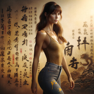 Athletic Thin skinny Attractive, Asian teenage girl, long brown hair and bangs, wearing tight skinny jeans and a halter top paint marks on her clothing, heroic pose Asian graffiti background, side view