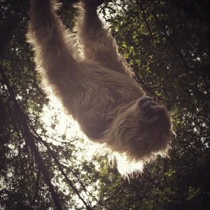 A humanoid looking hair covered sasquatch hanging upside-down hi...