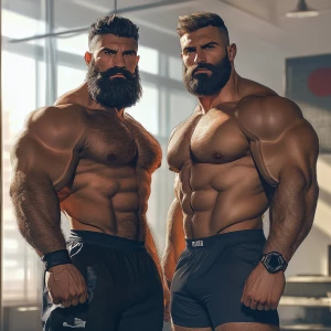 bodybuilder men stand side by side. Both have thick, full beards...
