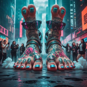 A surreal scene of giant human feet walking through a neon-lit c...