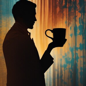 A man holding a book reading on his one hand while holding a cup...
