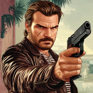 Create an image of a male character with medium-length, light br...