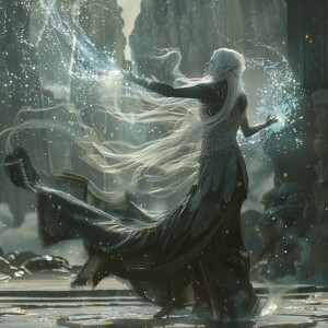 A cinematic view of a female elf sorcerer casting spells, inspir...