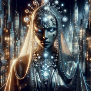 In the dimly lit backdrop of an alien metropolis, an enigmatic i...