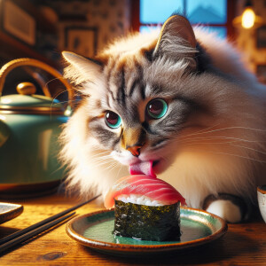 Create a image of cat eating a tuna sushi