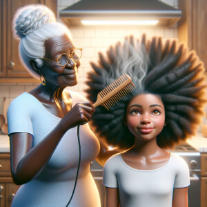 Create a realistic 3-D image of an african-American grandmother in the kitchen with her african-American granddaughter. The grandmother has a hot comb in her hair and she is straightening her granddaughters hair. One side of her granddaughters hair is in  a Afro the other is bone straight 
There is smoke coming from the hot comb