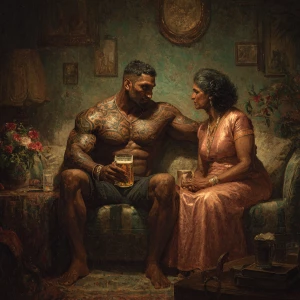 Realism,digital  painting.a muscular beefy sweaty tattoed indian...