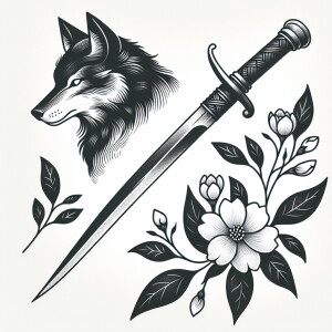 Design a minimalist yet elegant tattoo featuring a dagger, a wol...