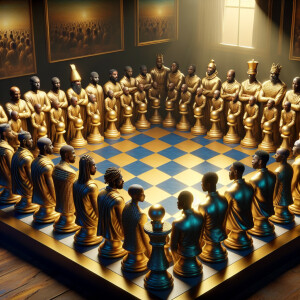 3-D realistic oil, painting,of a gold and black human chessboard...