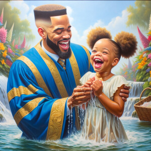An oil painting of a light-skinned African-American pastor with...