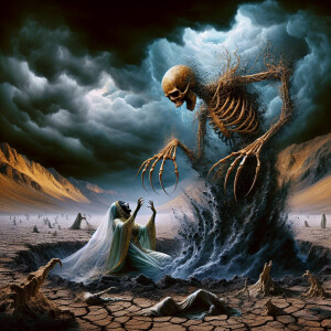 "Illustrate a powerful scene where a demon is lying just beneath...