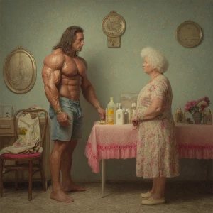 Realism photo painting, a muscular Russian man in his beach hote...