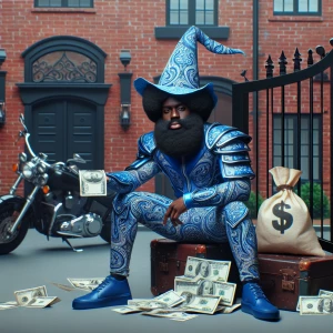 Afrocentric ironMan, clad in a all blue armor suit adorned with a paisley pattern, stands confidently with a bag of money in each hand, surrounded by scattered dollar bills at his feet. He is leaning casually on a motorcycle. Behind him, there's a red brick apartment complex, secured by an elegant black wrought iron gate.